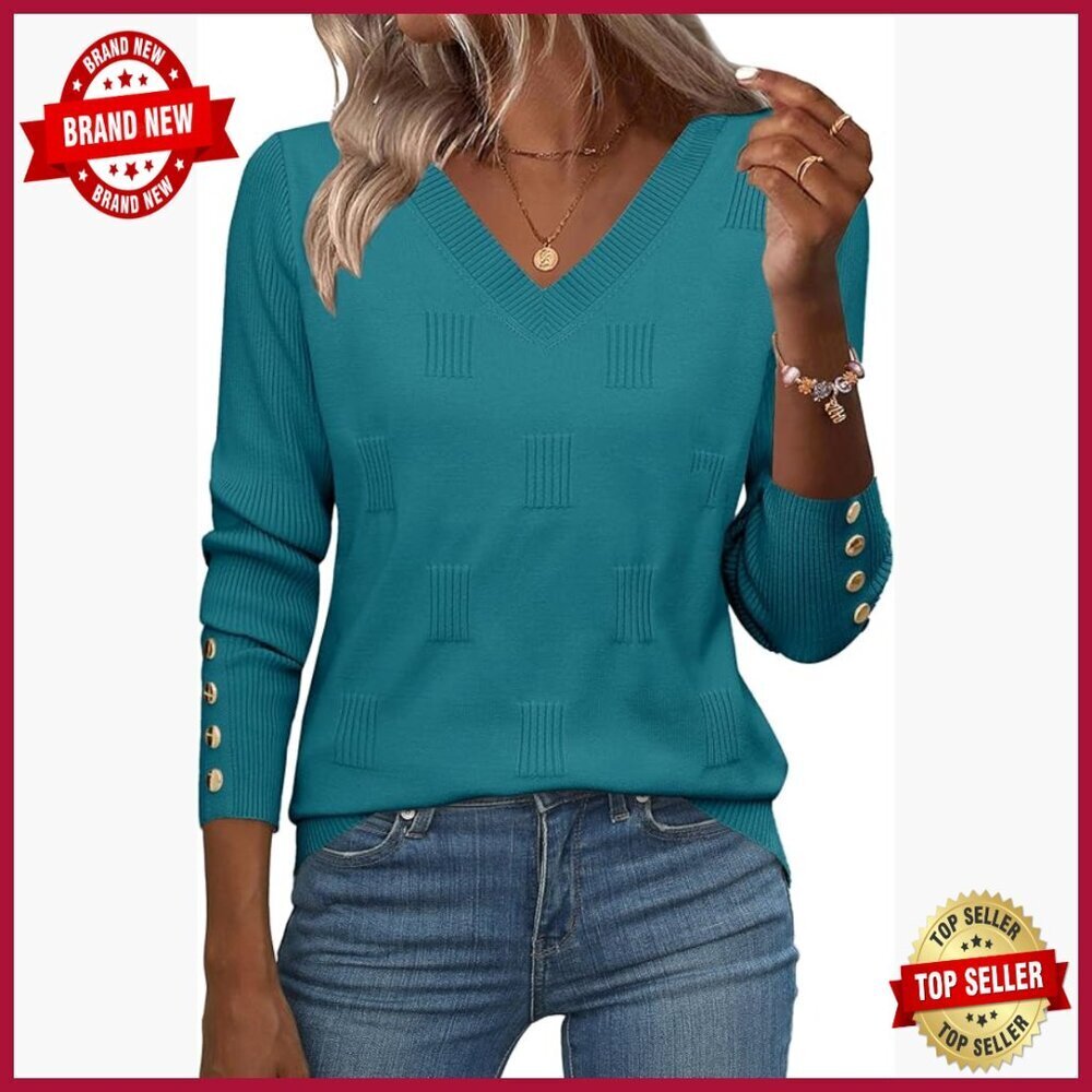 Lightweight Ribbed Knit Pullover Sweater with V-Neck and Button Cuffs